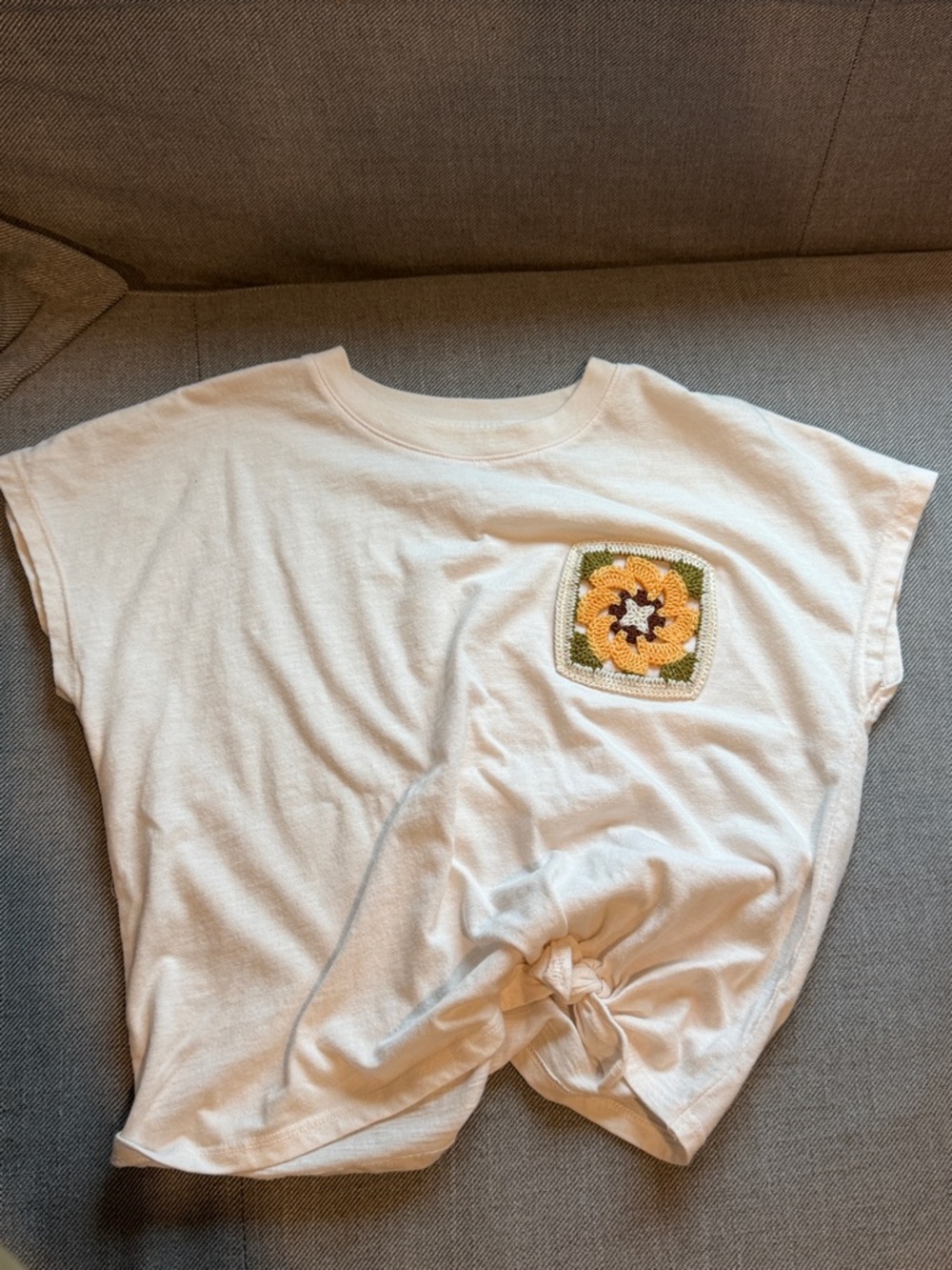 SO Cream Kids Top with Yellow & Green Crochet Patch